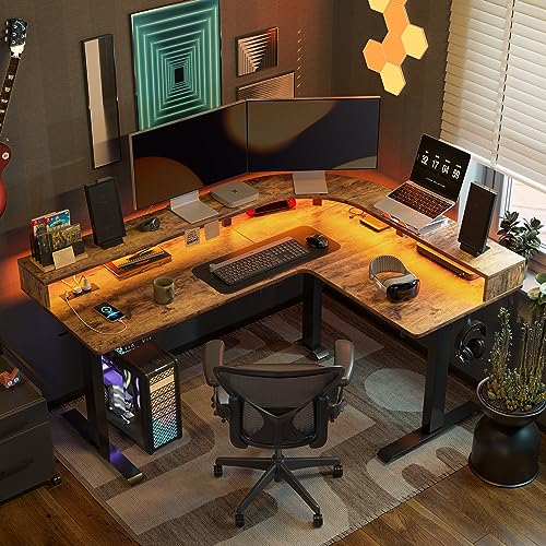 FEZIBO Triple Motor L Shaped Stadning Desk with LED Strip & Power Outrlets,63 inches Height Adjustable Stand up Corner Desk with Ergonomic Monitor Stand, Black Frame/Rustic Brown Top FEZIBO
