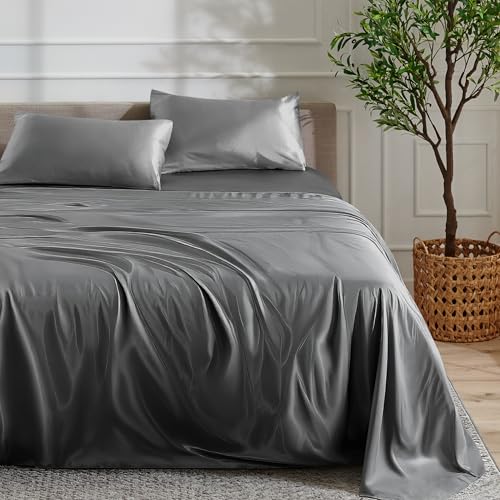 Bare Home Poly Satin Sheet Set - Full Extra Long - Luxury Soft and Smooth Satin - for Hair and Skin - Breathable - Similar to Silk - Deep Pocket up to 15” - Bedding Sheet Set (Full XL, Grey) Bare Home
