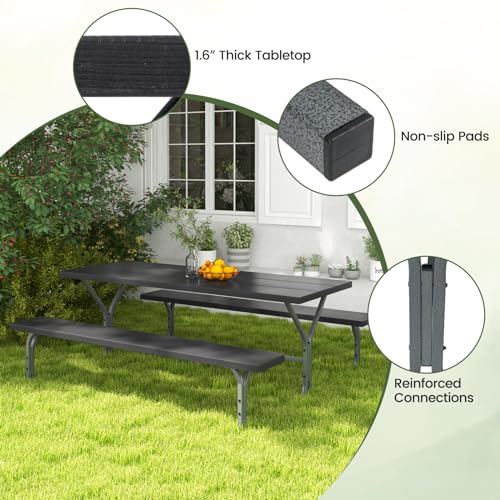 Giantex Picnic Table 6FT for 8 Person, Outdoor Table Set w/ 2 Benches, All-Weather HDPE Rectangular Tabletop, Heavy Duty Metal Legs, Umbrella Hole, for Patio Yard Lawn Party (Black) Giantex