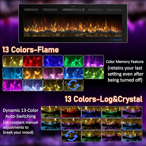 Mystflame 50 Inch WiFi-Enabled Recessed Electric Fireplace Inserts with Log Speaker,Alexa/Google Compatible,Wall Mounted & Freestanding Fireplace Heater,13 Adjustable Colors,5 Brightness Levels,Timer Mystflame