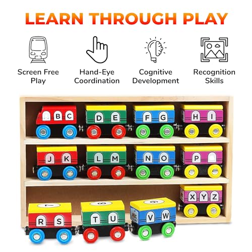 On Track USA Wooden Train Set ABC Magnetic Trains for Toddlers 12 Pieces, Compatible with All Train Track Accessory Sets, Alphabet and Numbers Toy Trains for Boys and Girls On Track USA