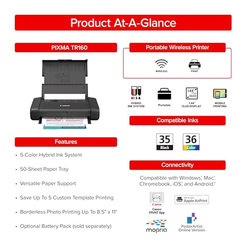 Canon PIXMA TR160 Wireless Portable Printer, 50-Sheet Paper Tray and 1.44" Display