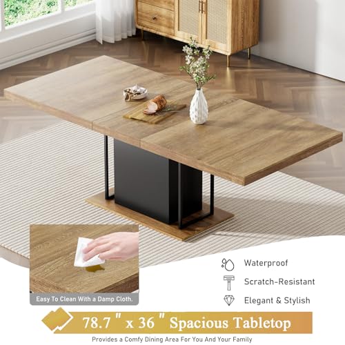Goujxcy 78.7" Farmhouse Extendable Dining Room Table Set for 6, 7-Piece Rectangle Kitchen Dining Room Table Set with Wood Base and 6 Grey Velvet Dining Chairs, Extending Kitchen & Dining Table Set Goujxcy