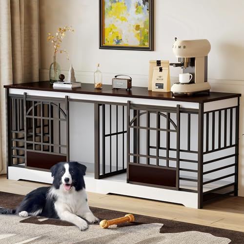 COZPAW 78 Inch Double Dog Crate Furniture, Extra Large Dog Kennel Indoor for 2 Dogs, Heavy Duty Dog Cage with Divider, Wooden Dog House Decorative Table TV Stand for XLarge Dogs (White&Brown) COZPAW