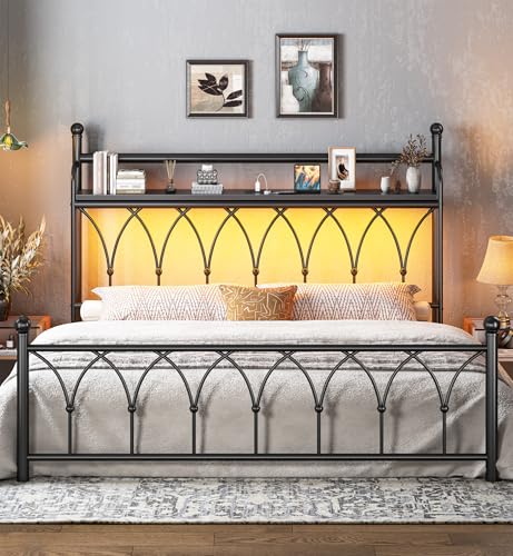 EnHomee 54" King Bed Frame with Tall Storage Headboard, Metal King Size Bed Frame with LED Lights and Power Outlets, Sturdy & Noise-Free, Metal Slats, No Box Spring Needed, Black EnHomee