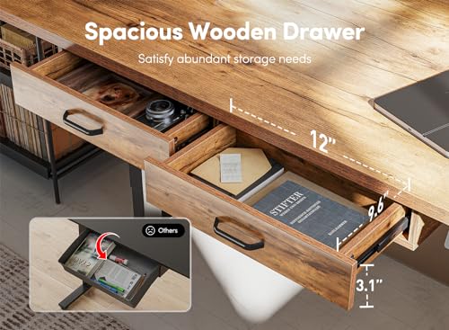 FEZIBO Standing Desk with Double Drawer, 48x 24 Inches Adjustable Height Electric Stand up desk, Ergonomic Workstation Black Frame/Fir Brown Top FEZIBO