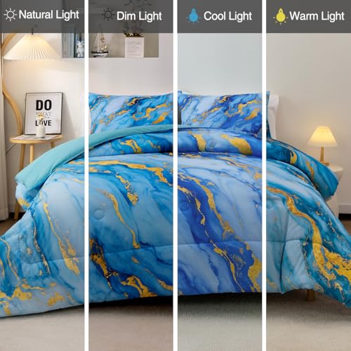 Holawakaka Light Blue Gold Marble Print Bedding Comforter Set Queen Size Marbled Bed Sets 3 Pieces (Light Blue Gold, Queen) Holawakaka