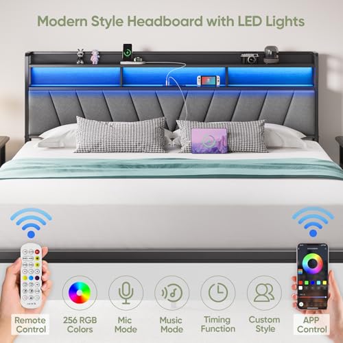 Welzona King Size Bed Frame with Headboard, Metal Platform Bed with LED Lights & Charging Station, 2-Tier Storage, Sturdy and Easy Assembly, Under Bed Storage, No Box Spring Needed, Noise Free, Black Welzona