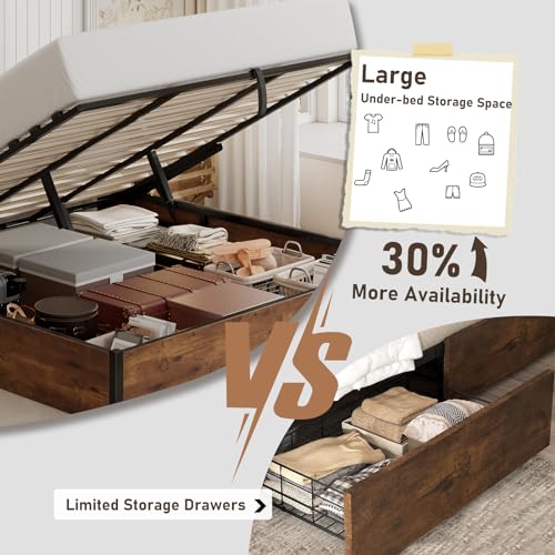 LUXOAK Lift Up Storage Bed Frame, King Size Wooden Slats Platform Bed Frame with Ample Storage Underneath, No Box Spring Needed, Noise Free, Rustic Brown LUXOAK