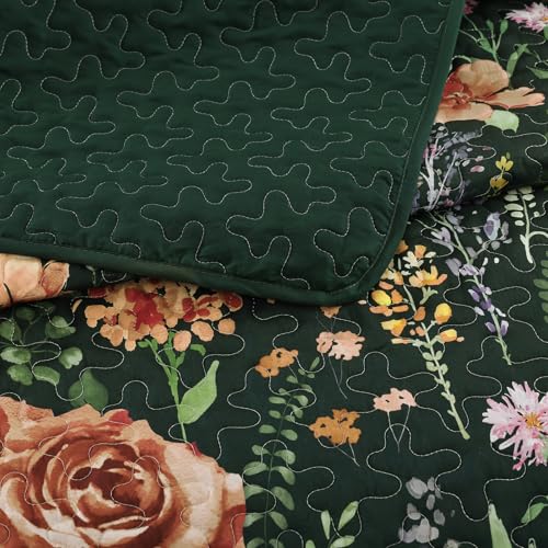 WONGS BEDDING Green Quilt Set King Size, 3 Piece Red Floral Leaves Pattern Botanical Bedding Set, Soft Lightweight Microfiber Bedspread Coverlet with 2 Pillowcases for All Season (104"x90") WONGS BEDDING
