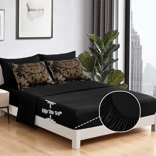 WONGS BEDDING Black Comforter Set King Size, Gold Damask Texture 7 Pieces Bed in a Bag Microfiber Comforter Bedding Sets -1 Comforter, 1 Flat Sheet, 1 Fitted Sheet, 2 Pillow Shams, 2 Pillowcases WONGS BEDDING
