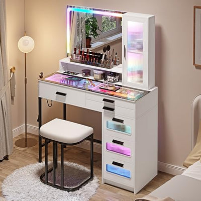 HENBC Vanity with Mirror and LED Lights, Glass Top Vanity Desk with Charging Station(Wireless+USB+Type-C), RGB Makeup Table Set with Stool/Makeup Organizer/6 Drawers, White