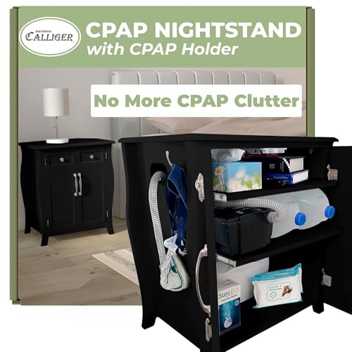 Northwood Calliger Bedroom CPAP Nightstand with Drawers for CPAP Accessories & Machine - Sleek Wooden Night Stand with CPAP Hose Holder Bed Side Table with Storage (Black) Northwood Calliger