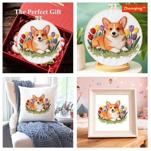 Zhenqing Corgi Embroidery Kit for Beginners, Pre-Printed 29x29cm Cotton Fabric with 20cm Hoop, Cute Dog with Tulips Spring Design (C0216)