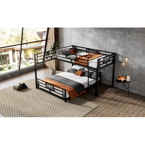 MERITLINE L-Shaped Metal Bunk Bed with Guardrails, Twin Over Full Bunk Bed Frame for Teens, Black MERITLINE