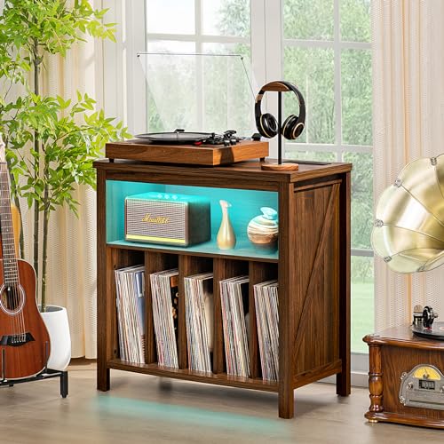 Joaxswe Large Record Player Stand with Charging Station & LED Lights, Brown Vinyl Record Storage Holder Holds up to 230 Albums, Turntable Stand with Display Shelf for Music Room Bedroom Living Room. Joaxswe