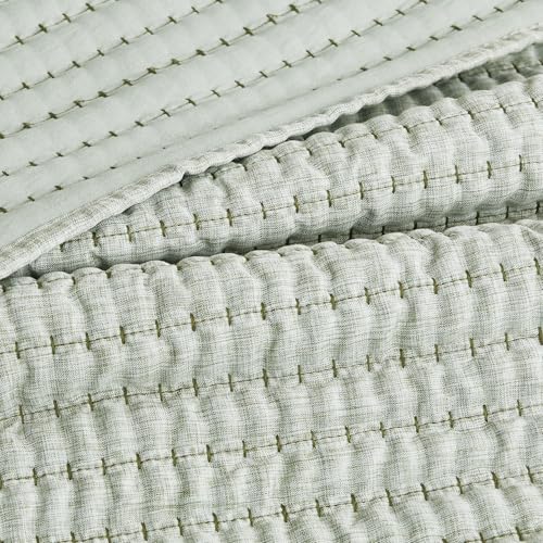 WDCOZY Sage Green Pick Stitch Twin Size Quilt Set, Striped Lightweight Soft Summer Spring Bedspread, Bamboo Linen Like Textured Coverlet, Chambray Farmhouse Country Rustic Thin Bedding Comforter WDCOZY