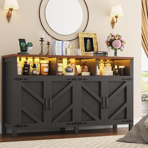knoworld Buffet Sideboard with Storage with Power Outlets & LED Light 4 Doors, 55'' Large Farmhouse Kitchen Storage Cabinet Wood Coffee Bar Cabinet Buffet Table for Kitchen, Dining Room, Entryway knoworld