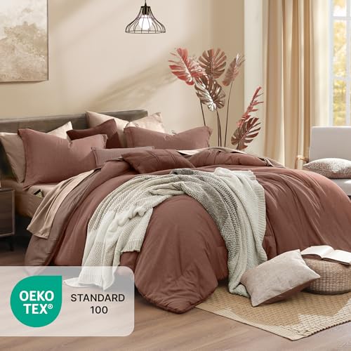Monbix Queen Comforter Set - 7 Pieces Cationic Dyeing Terracotta Bed in a Bag Queen Bedding Sets with Comforter, Sheets, Pillowcases & Shams, Reversible Bedding Comforters Sets Monbix