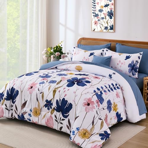 Anibedding Blue Floral Comforter Set King Size, 8 Piece Botanical Flower Bed in a Bag, Reversible Design Comforter, Soft Microfiber Complete Bedding Sets for All Season (Blue,90"x104") Anibedding