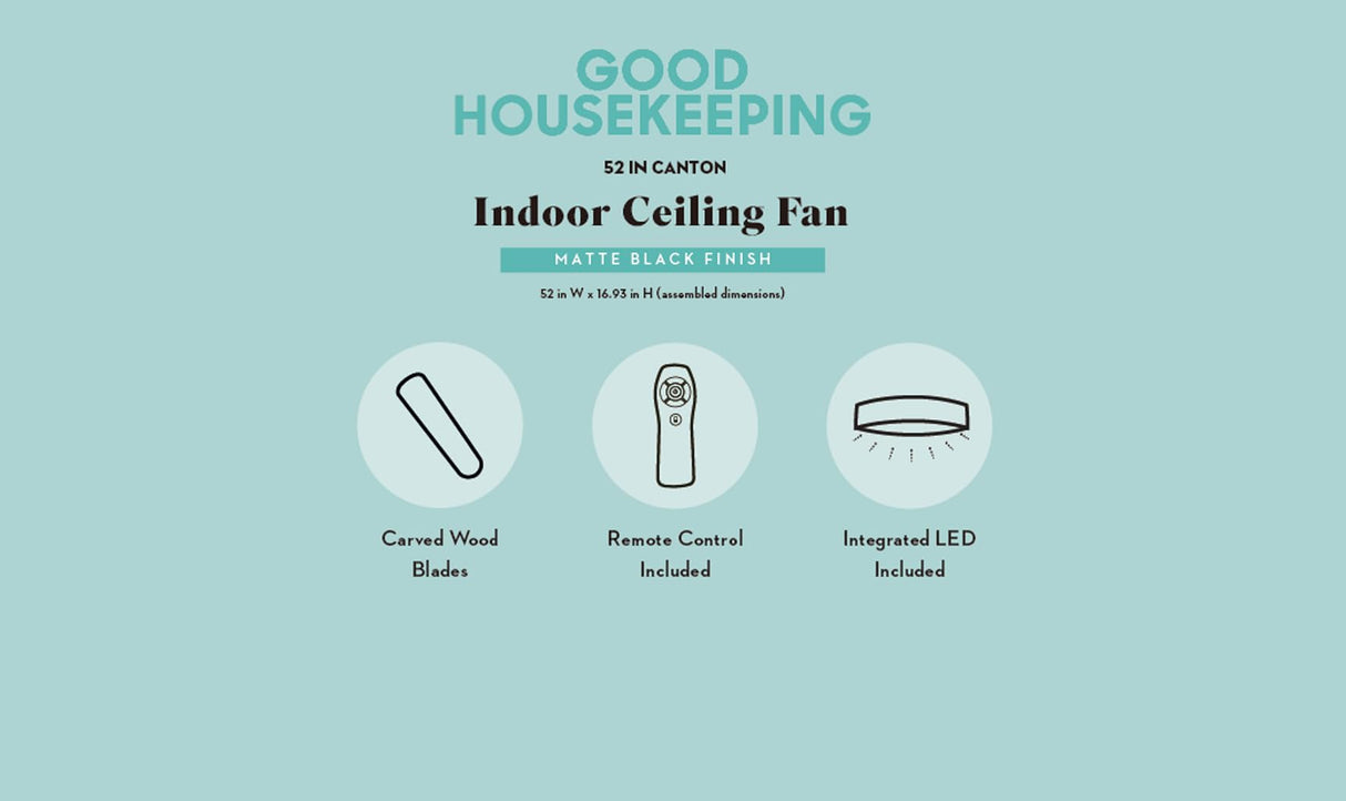 Good Housekeeping Canton (63010-MB) 52" Indoor Ceiling Fan with Carved Wood Blades, Integrated LED, and Remote Control (Matte Black) Good Housekeeping