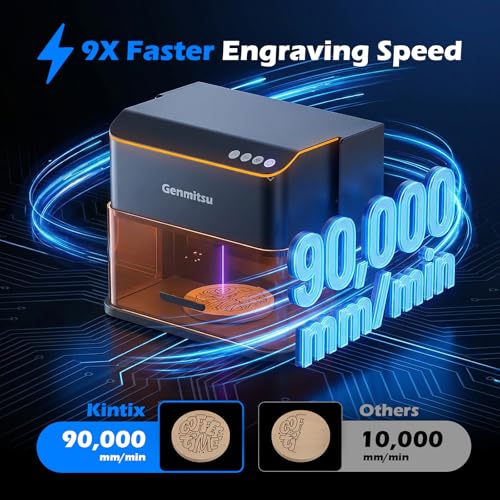 Genmitsu Kintix Laser Engraver 5W 5000mW, 90000mm/min Ultra Fast Galvo Laser with Auto-Lifting, 200x100mm Large Area for Jewelry, Metal, Wood, Compatible with LightBurn, APP Supported, Class 1 Safety Genmitsu