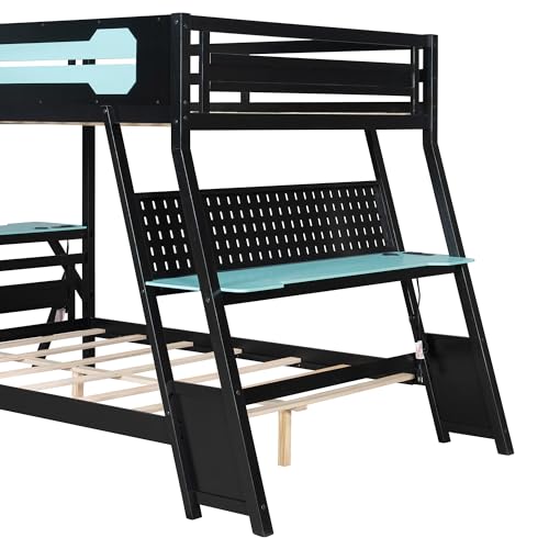 Merax Bunk Bed with Two Built-in Gaming Desks, USB Desktop Ports & Pegboard Organizer, Gaming Bunk Frame for Gamer, Full Size, Cloud Blue Merax