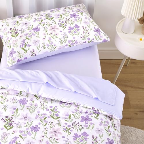 Wake In Cloud - Floral Toddler Bedding Set for Girls, Cute Colorful Botanical Flowers, 4 Pieces Soft Crib Bed Set Including Comforter, Sheets and Pillowcase, Purple White Wake In Cloud