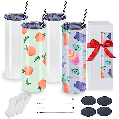 MICLAXYS 4 Pack Sublimation Tumblers 20 Oz Skinny Straight, Stainless Steel Sublimation Tumblers Blank, Individually Gift Boxed, Insulated Tumbler Sublimation (4) MICLAXYS