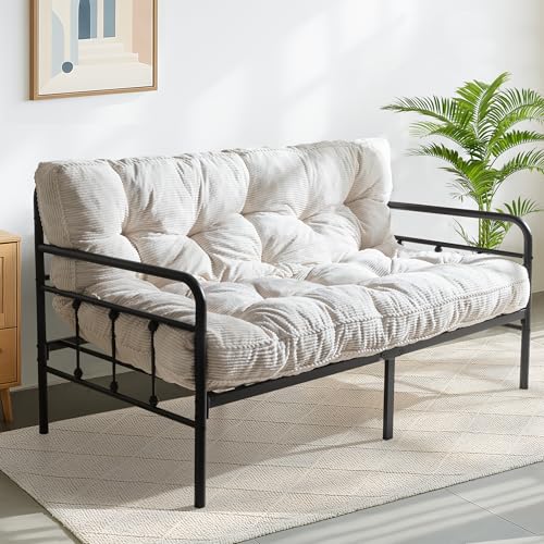 MAXYOYO 6" Futon Mattress Full Size, Tufted Futons Sofa Couch Bed with Twisted Rope Design Edging, Thick Corded Fabric Floor Mattress for Adults, Shredded Foam Filling (Frame Not Included), Beige MAXYOYO