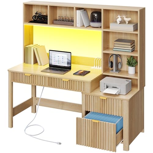 YITAHOME Computer Desk with Hutch and Drawers, 55" Office Desk with Storage Shelves and Printer Stand, Gaming Desk with Power Outlets & LED Lights, Fluted Sturdy Writing Workstation, Natural Oak YITAHOME