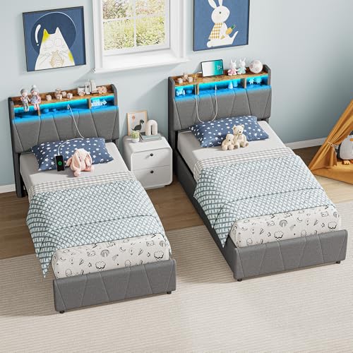LIKIMIO Twin Bed Frame with 2 Storage Drawers, Charging Station & LED Lights, Upholstered Platform Twin Bed with Storage Headboard, Strong Wooden Slats, No Box Spring Needed, Easy Assembly, Grey LIKIMIO