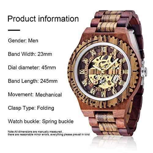 Dentily Automatic Movement Wooden Watch Skeleton Wood Watch Self-Winding Watches for Men Dentily