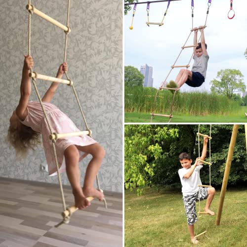 Wooden Climbing Rope Ladder for Kids - Kids Ninja Warrior Obstacle Course Accessories | Playset Rope Ladder for Swing Set Treehouse Bunkbed | Playground Ninja Obstacles Swing Rope Ladder Trailblaze