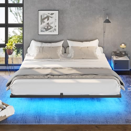 DICTAC Floating Bed Frame California King Size with LED Lights, Metal Platform Cal King Bed with Heavy Duty Steel Slats and 4 Mattress Slide Stopper, Black DICTAC
