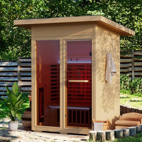 MEISSALIVVE Infrared Sauna, Full-Spectrum Infrared Outdoor Saunas for Home - Dry Heat Sauna, Wooden Sauna Room with Beauty Lamp (Outdoor Sauna 2 Person) MEISSALIVVE