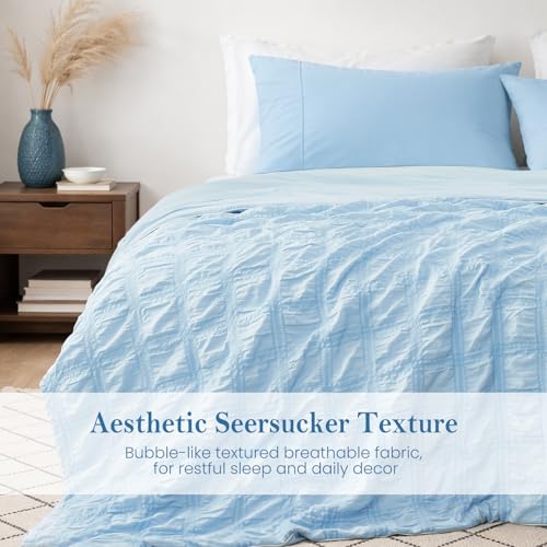 Cozy Bliss Cooling Comforter Seersucker Plaid King Size, Q-Max 0.45 Lightweight Cooling Blanket, Breathable Silk Smooth Summer Bedding Quilt for Hot Sleepers Night Sweats Blue Cozy Bliss