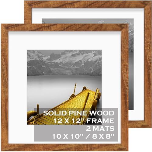 12x12 Picture Frames Solid Wood Display Pictures 10x10 or 8x8 with Mat or 12x12 without Mat - Each 12x12 Inch Square Photo Frames with 2 Mats Wooden Tiblue