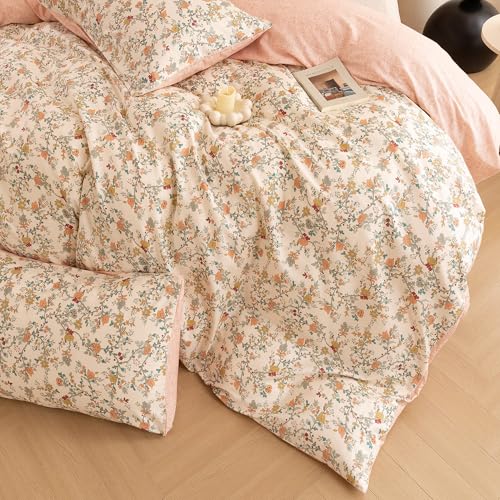 ECOCOTT Reversible Floral Duvet Cover Queen Size – 3 Piece 100% Washed Cotton Bedding Set, Soft Breathable Comforter Cover with Zipper Closure & Corner Ties ECOCOTT