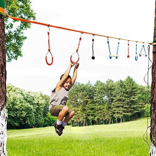 50FT Jungle Gym Ninja Warrior Training Equipment Hanging Monkey Bar, Adjust Kids Adults Obstacles Course Backyard Playground Trapeze Playset- Climb Rope Ladder, Wood Swing Bar, Ninja Ring, Monkey Fist Hokilands