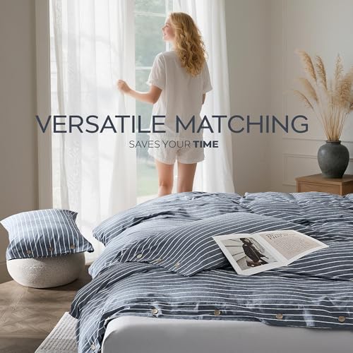 JELLYMONI Washed Cotton Duvet Cover Queen Size – Breathable & Cozy Bedding Set for Modern Homes, Dorms & Guest Rooms, Blue Striped Comforter Cover with Button Closure, 1 Duvet Cover & 2 Pillowcases JELLYMONI