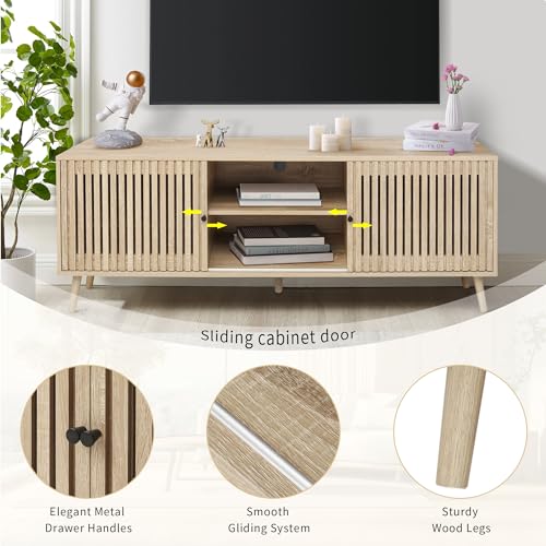 Oubayajia Mid Century Modern TV Stand for Televisions up to 70 Inches, with Sliding Doors and Storage, Television Stands, TV Consoles, Media Consoles for Living Room, 63 Inch (Natural) Oubayajia