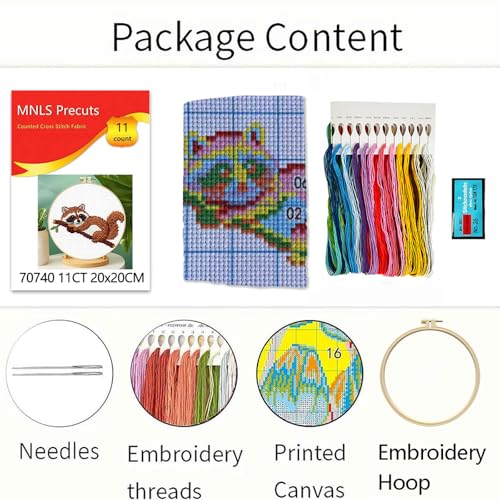 Zhenqing Raccoon Cross Stitch Kit for Beginners, 11CT Printed 20x20cm with 16cm Hoop, Cute Animal on Branch Embroidery Set (70740)