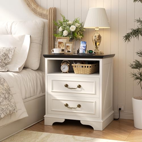 Unikito Farmhouse Nightstand with Charging Station, Bedside Table with 2 Large Drawers & Vintage Handles, Side Table with Open Storage for Bedroom (Antique White) Unikito