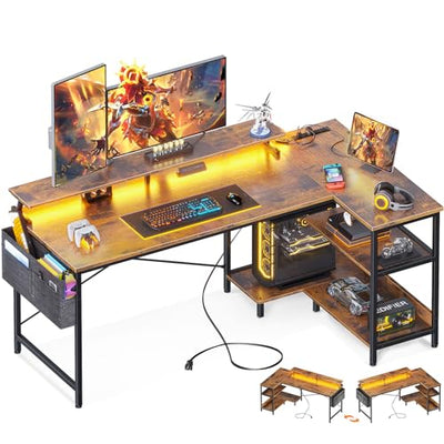 ODK 58 Inch L-Shaped Gaming Desk with USB Ports, LED Lights & Storage Solutions