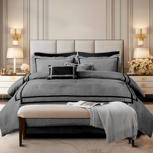 Wonderful Hotel Comforter Set King 8-Piece Gray Hydro-Brushed Wooly Feel Modern Luxury Bedding Comforter with Matching Fitted Sheet,Flat Sheet,Pillow Sham,Decorative Pillows for All Seasons Wonderful
