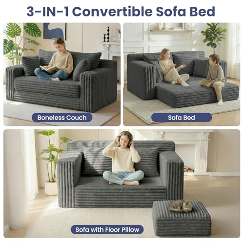 3-in-1 Convertible Sofa Bed: Boneless Loveseat Sleeper & Folding Couch Bed with 4 Pillows & Detachable Cushion, Furry Futon Couch for Bedroom, Apartment, Office and Living Room, No Assembly, Grey Winzoo