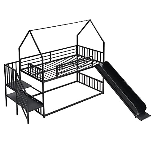 Twin Over Twin Bunk Bed with Slide and Storage Stairs, Heavy Duty Bunk Bed/House Bunk Bed Twin Over Twin, Twin Floor Bunk Beds for Kids, Girls, Boys(Twin Over Twin Black) Bellemave