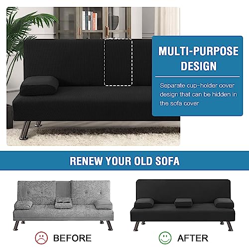 LiveGo Futon Cover 4 Pieces Stretch Futon Covers Sofa Bed Slipcover with Removable Armrests and Cupholders Covers Furniture Protector High Spandex Small Checks Jacquard Fabric (Black) LiveGo