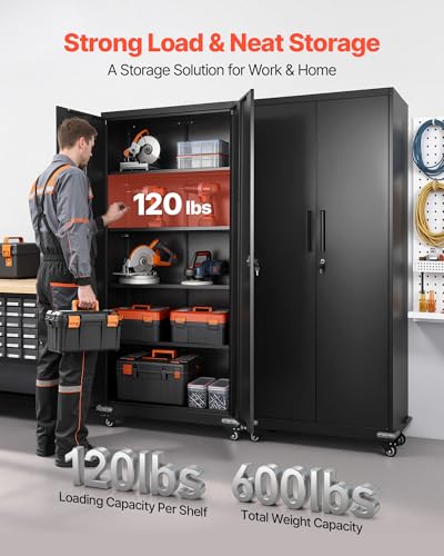 VEVOR Metal Storage Cabinet, 72.6 in Rolling Steel Garage Cabinet with 4 Adjustable Shelves, 2 Magnetic Doors & 2 Keys, 5 Tiers Lockable Tool Storage for Pantry, Warehouse, Basement, Office, Black VEVOR